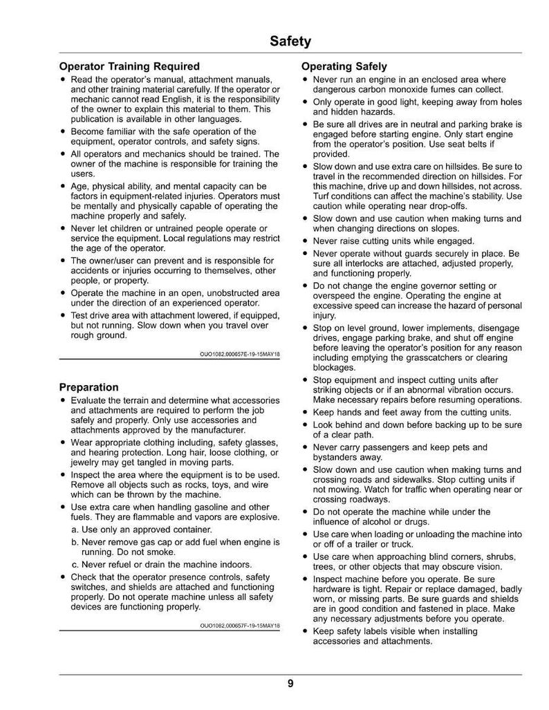 Puede incluir: Una p&aacute;gina de un manual de seguridad con el t&iacute;tulo "Seguridad". El manual proporciona instrucciones sobre la formaci&oacute;n del operador, el funcionamiento seguro y la preparaci&oacute;n. El texto es negro sobre fondo blanco.