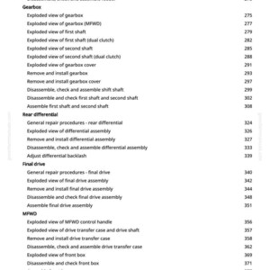 May include: A page from a manual with a list of mechanical procedures and exploded views, including gearbox, rear differential, and final drive components. The text is in black font on a white background.