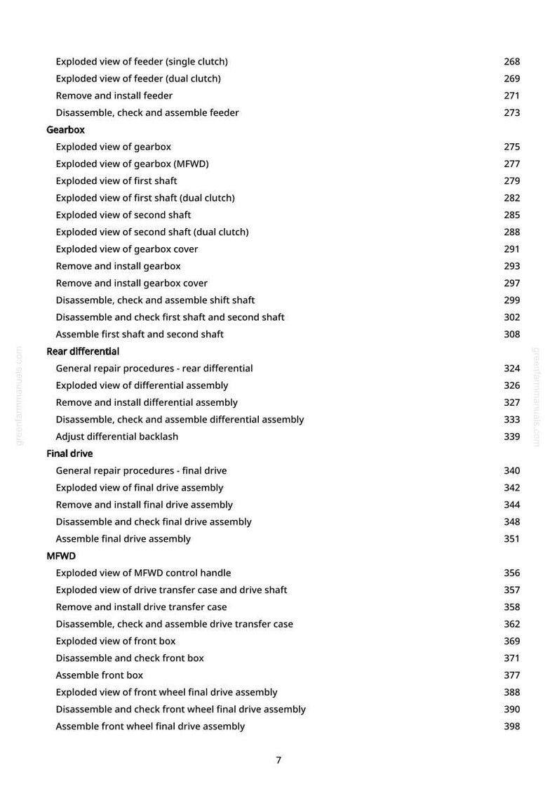 May include: A page from a manual with a list of mechanical procedures and exploded views, including gearbox, rear differential, and final drive components. The text is in black font on a white background.