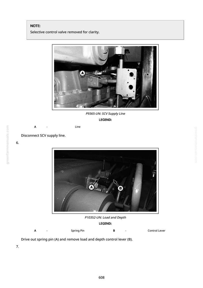 Op de afbeelding: Zwart-wit technische diagrammen met tekst. De diagrammen tonen mechanische componenten, gelabeld met letters en pijlen. Tekst bevat "Disconnect SCV supply line" en "Drive out spring pin (A) and remove load and depth control lever (B)."