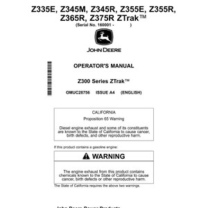 May include: A white Operator's Manual for Z300 Series ZTrak mowers. The cover includes the John Deere logo, model numbers, and a California Proposition 65 warning about diesel engine exhaust.