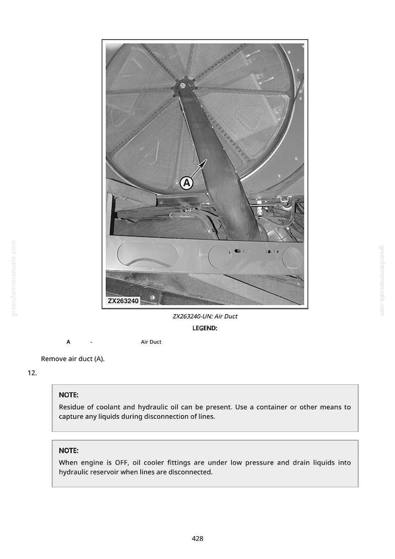 May include: Diagram of an air duct, labeled "A", within a mechanical system. The image includes text instructions and a legend. The air duct is a dark, elongated component connected to a larger, circular structure.