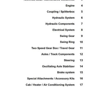 May include: A white document with a black text list of technical components and systems, including "Engine," "Hydraulic System," and "Brake system." Numbers 1 through 19 are listed next to each item. The document is for technical reference.
