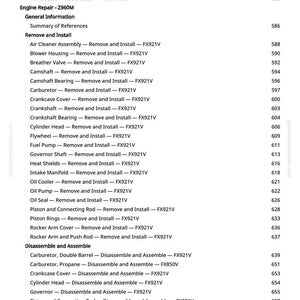 May include: A detailed table of contents from a repair manual, featuring engine repair instructions. The text lists various components like piston rings, valves, and carburetors, with page numbers. The document is on a white background.