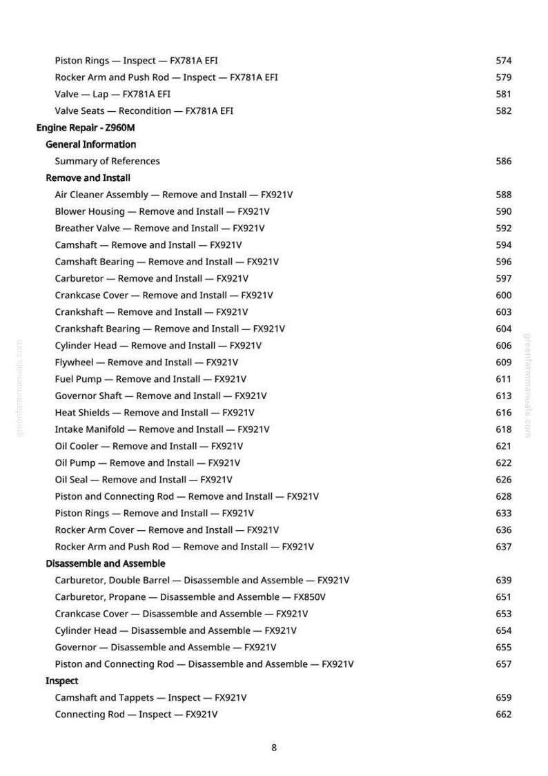 May include: A detailed table of contents from a repair manual, featuring engine repair instructions. The text lists various components like piston rings, valves, and carburetors, with page numbers. The document is on a white background.