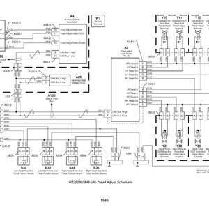 May include: A detailed schematic diagram of a vehicle's tread adjust system, featuring labeled components, wiring, and connectors. The diagram includes text labels and a key, with a white background and black lines.