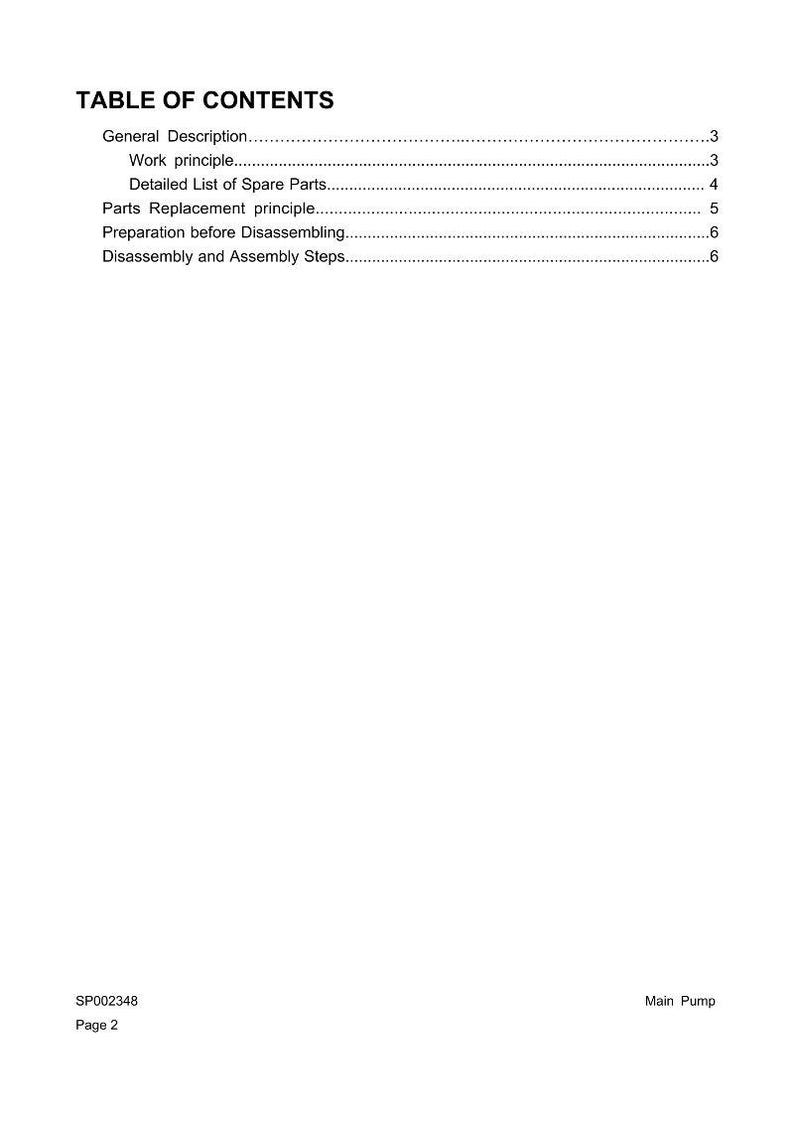 May include: A white page with the title "TABLE OF CONTENTS" at the top. The content includes a list of topics such as "General Description," "Work principle," and "Detailed List of Spare Parts." The page also includes the text "SP002348" and "Page 2."