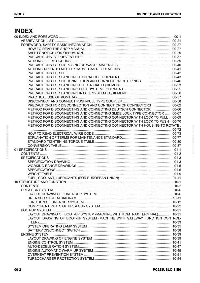 May include: A detailed index page from a manual, featuring a table of contents with various technical topics. The page includes titles such as "Precautions for Fire" and "Engine System," with page numbers.