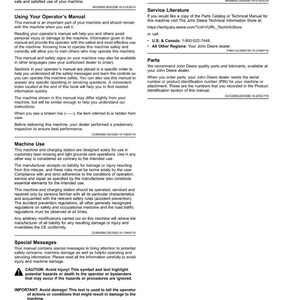 May include: A manual titled "Introduction" for a John Deere product, covering operator instructions, machine use, and safety messages. Includes contact details for service literature and parts.