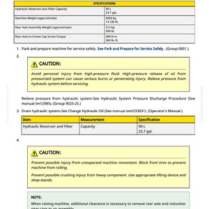 Puede incluir: Documento t&eacute;cnico &laquo;&nbsp;Retirar e instalar el eje trasero&nbsp;&raquo; con especificaciones: capacidad del dep&oacute;sito hidr&aacute;ulico (90 L), peso de la m&aacute;quina (6000 kg), peso del eje trasero (313 kg). Incluye precauciones de seguridad.