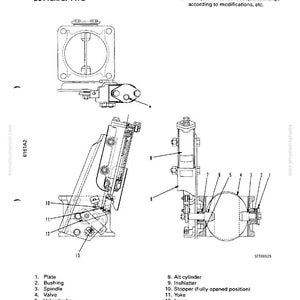Pode incluir: Diagrama t&eacute;cnico de um freio de escape tipo borboleta, com componentes rotulados, incluindo placa, bucha, fuso e v&aacute;lvula. A ilustra&ccedil;&atilde;o &eacute; uma representa&ccedil;&atilde;o t&eacute;cnica detalhada.