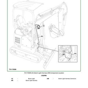 May include: Diagram of a construction vehicle with a detailed view of the boom light harness (W9) component location. The diagram includes labels for the boom light, boom light harness, and boom light harness connector.