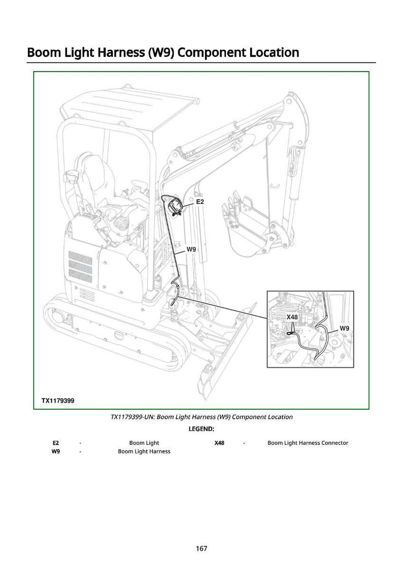 May include: Diagram of a construction vehicle with a detailed view of the boom light harness (W9) component location. The diagram includes labels for the boom light, boom light harness, and boom light harness connector.