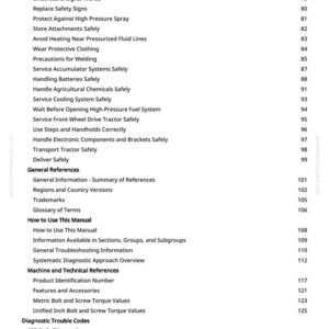 May include: A page from a manual with a list of safety and maintenance topics, including "Keep ROPS Installed Properly" and "Precautions for Welding." The text is black on a white background, with page numbers on the right.