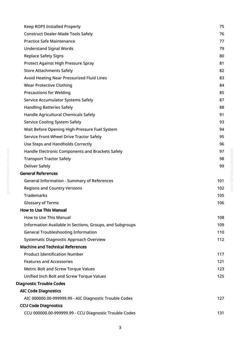 May include: A page from a manual with a list of safety and maintenance topics, including "Keep ROPS Installed Properly" and "Precautions for Welding." The text is black on a white background, with page numbers on the right.
