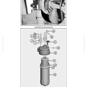 May include: Diagram showing the removal and installation of a hydraulic oil filter. The image includes an exploded view of the filter components, labelled with letters, and a close-up of a retaining clip. Text at the top reads "Removing and Installing Hydraulic Oil Filter."