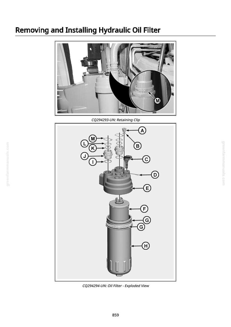 May include: Diagram showing the removal and installation of a hydraulic oil filter. The image includes an exploded view of the filter components, labelled with letters, and a close-up of a retaining clip. Text at the top reads "Removing and Installing Hydraulic Oil Filter."