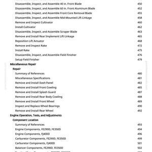 May include: A manual page with a detailed table of contents. Sections include Attachments, Miscellaneous Repair, Engine Operation, Tests, and Adjustments, and Theory of Operation. Page numbers are on the right.