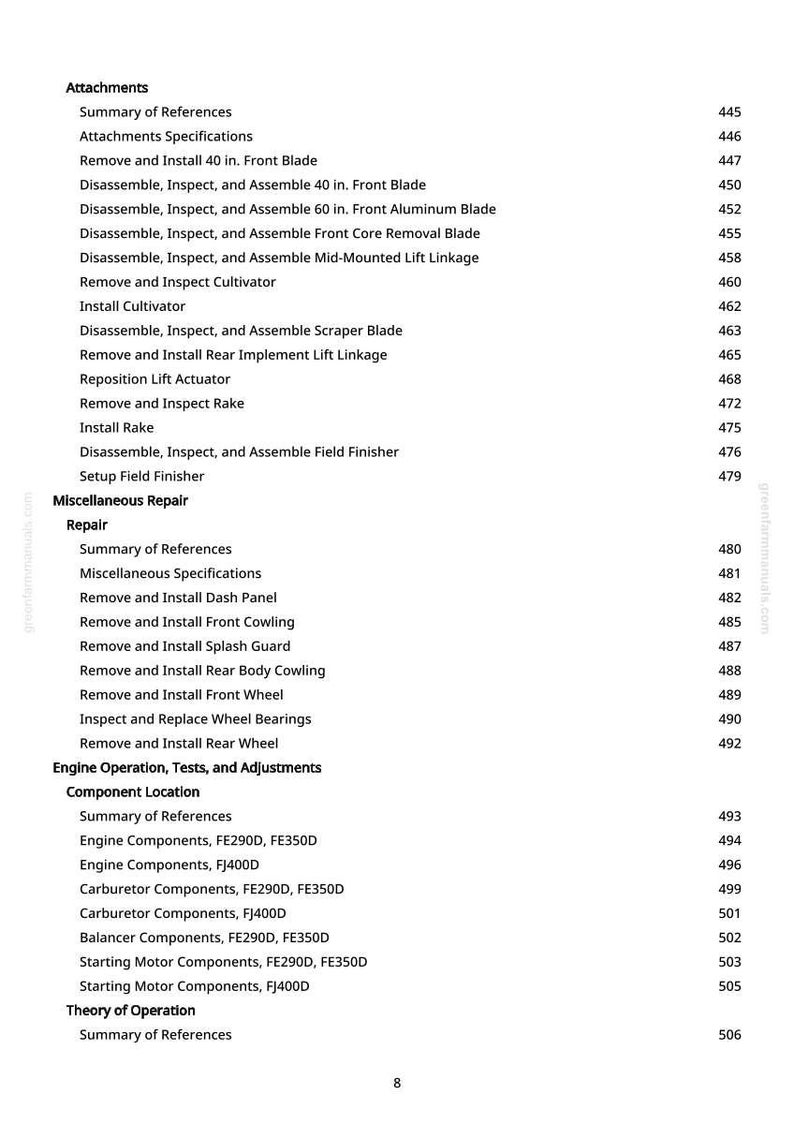May include: A manual page with a detailed table of contents. Sections include Attachments, Miscellaneous Repair, Engine Operation, Tests, and Adjustments, and Theory of Operation. Page numbers are on the right.