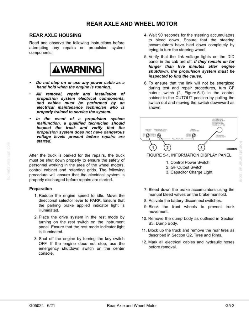 May include: A page from a manual titled "Rear Axle and Wheel Motor." The page includes safety warnings, preparation steps, and instructions for maintenance, with diagrams of control panels and component locations. The text is in black font.