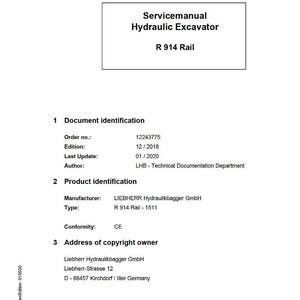 Może przedstawiać: Biało-czarny podręcznik serwisowy do koparki hydraulicznej R 914 Rail. Dokument zawiera szczeg&oacute;ły, takie jak numer zam&oacute;wienia, data wydania i informacje o producencie. Logo LIEBHERR znajduje się na dole.