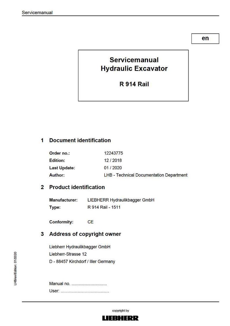 Może przedstawiać: Biało-czarny podręcznik serwisowy do koparki hydraulicznej R 914 Rail. Dokument zawiera szczeg&oacute;ły, takie jak numer zam&oacute;wienia, data wydania i informacje o producencie. Logo LIEBHERR znajduje się na dole.
