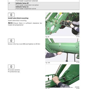 May include: Diagram of a Fendt CARGO 4X/5X front loader, with instructions for hydraulic system maintenance. Includes steps for valve block mounting, tightening hex nuts, and fitting screw sockets. The image shows close-up views of the loader's components.
