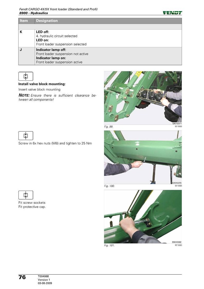May include: Diagram of a Fendt CARGO 4X/5X front loader, with instructions for hydraulic system maintenance. Includes steps for valve block mounting, tightening hex nuts, and fitting screw sockets. The image shows close-up views of the loader's components.