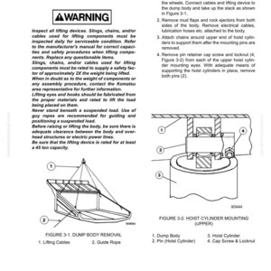 May include: A technical diagram from a manual, titled "DUMP BODY," with instructions for removal and hoist cylinder mounting. Includes diagrams of lifting cables, guide ropes, and hoist cylinder components. Features a warning about lifting safety.