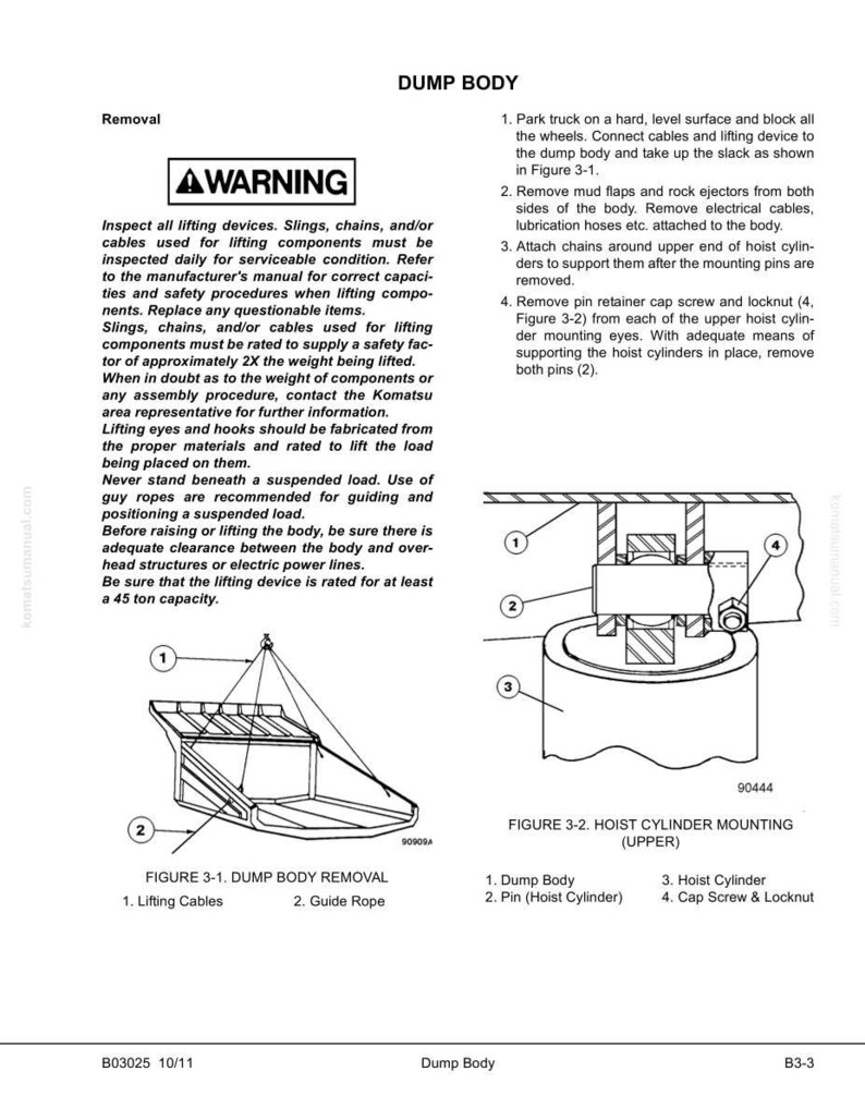 May include: A technical diagram from a manual, titled "DUMP BODY," with instructions for removal and hoist cylinder mounting. Includes diagrams of lifting cables, guide ropes, and hoist cylinder components. Features a warning about lifting safety.