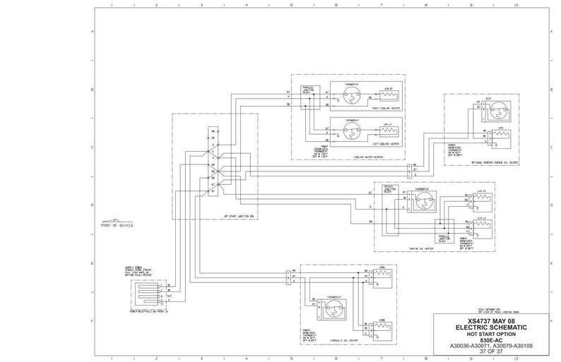 Pode incluir: Um diagrama esquem&aacute;tico el&eacute;trico detalhado com texto, linhas e s&iacute;mbolos. O diagrama inclui o texto "XS4737 MAY 08 ELECTRIC SCHEMATIC HOT START OPTION 830E-AC" e outros detalhes t&eacute;cnicos. A imagem &eacute; um desenho t&eacute;cnico.