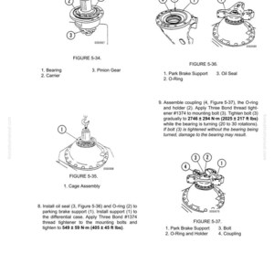 May include: Diagrams of rear axle and final drive assembly components, including a bearing, carrier, pinion gear, park brake support, O-ring, oil seal, cage assembly, bolt, and coupling. The diagrams are labeled with part numbers and assembly instructions.