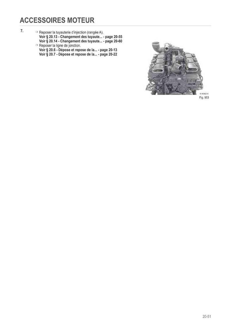 May include: An engine component diagram with the text "ACCESSOIRES MOTEUR" at the top. The image includes a detailed illustration of an engine part, along with text referencing specific procedures and page numbers.