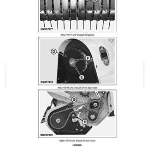 May include: Technical diagrams illustrating the installation of machine components. The images show strippers, drive sprockets, and drive chains. The diagrams include labels and a legend for easy identification of parts.