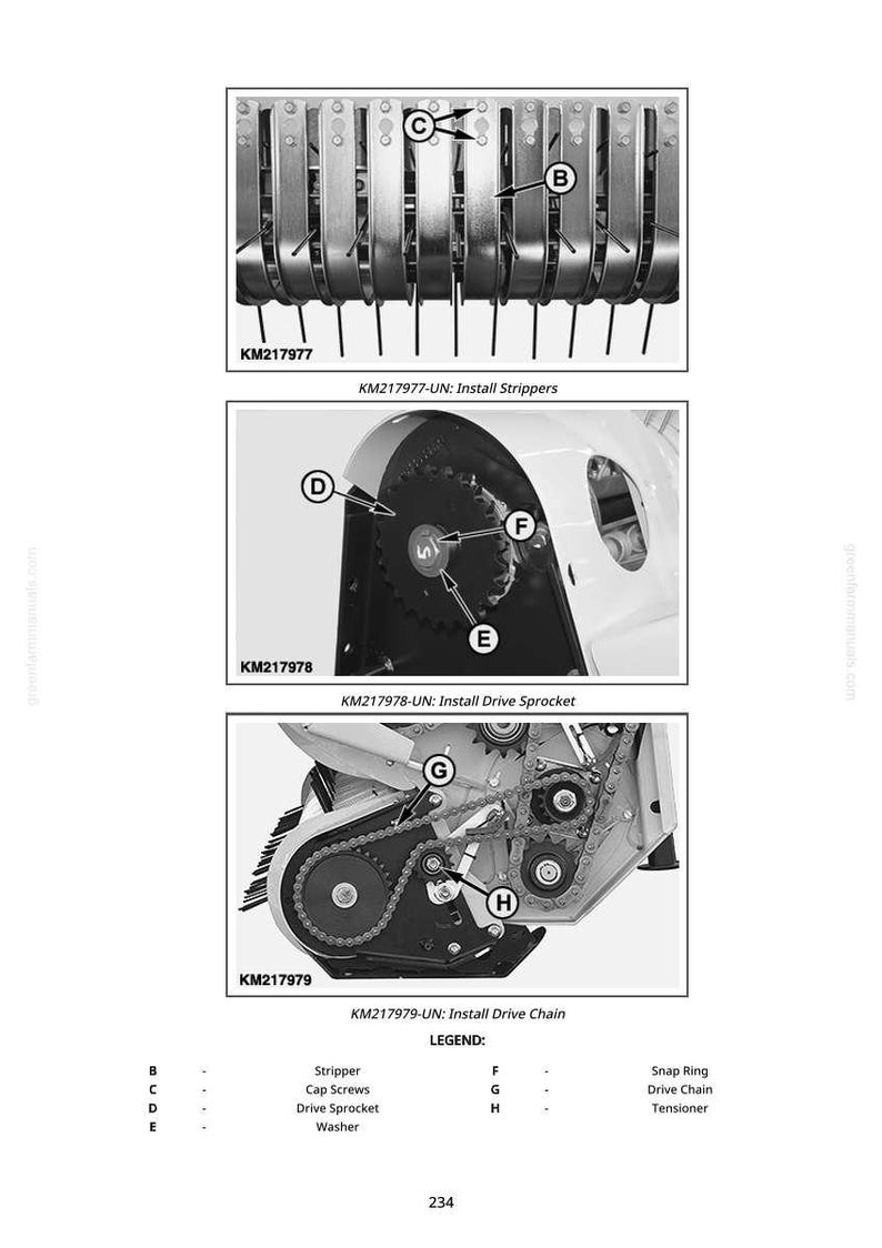 May include: Technical diagrams illustrating the installation of machine components. The images show strippers, drive sprockets, and drive chains. The diagrams include labels and a legend for easy identification of parts.