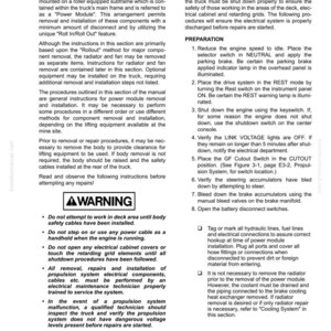 Puede incluir: Una p&aacute;gina de un manual titulada "Power Module" con instrucciones y advertencias de seguridad. El texto incluye procedimientos para la reparaci&oacute;n del motor, precauciones de seguridad y una advertencia sobre componentes el&eacute;ctricos.