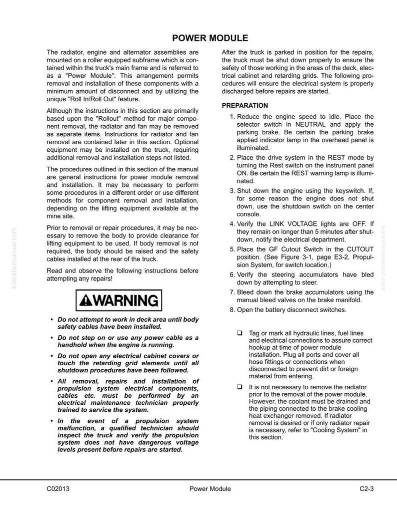 Puede incluir: Una p&aacute;gina de un manual titulada "Power Module" con instrucciones y advertencias de seguridad. El texto incluye procedimientos para la reparaci&oacute;n del motor, precauciones de seguridad y una advertencia sobre componentes el&eacute;ctricos.