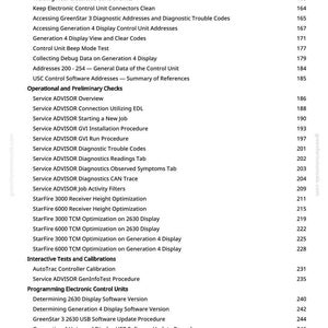 May include: A white page featuring a table of contents from a manual. The text includes topics such as "USB Drive Requirements", "Service ADVISOR Overview", and "StarFire 3000 Receiver Height Optimization". Page number is 4.
