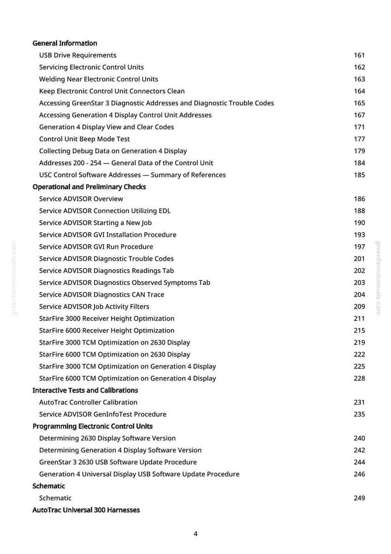 May include: A white page featuring a table of contents from a manual. The text includes topics such as "USB Drive Requirements", "Service ADVISOR Overview", and "StarFire 3000 Receiver Height Optimization". Page number is 4.