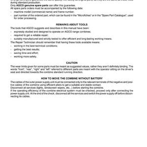 Puede incluir: P&aacute;gina de un manual t&eacute;cnico con informaci&oacute;n sobre repuestos, herramientas y precauciones de seguridad para una cosechadora. Incluye instrucciones y advertencias para el mantenimiento.