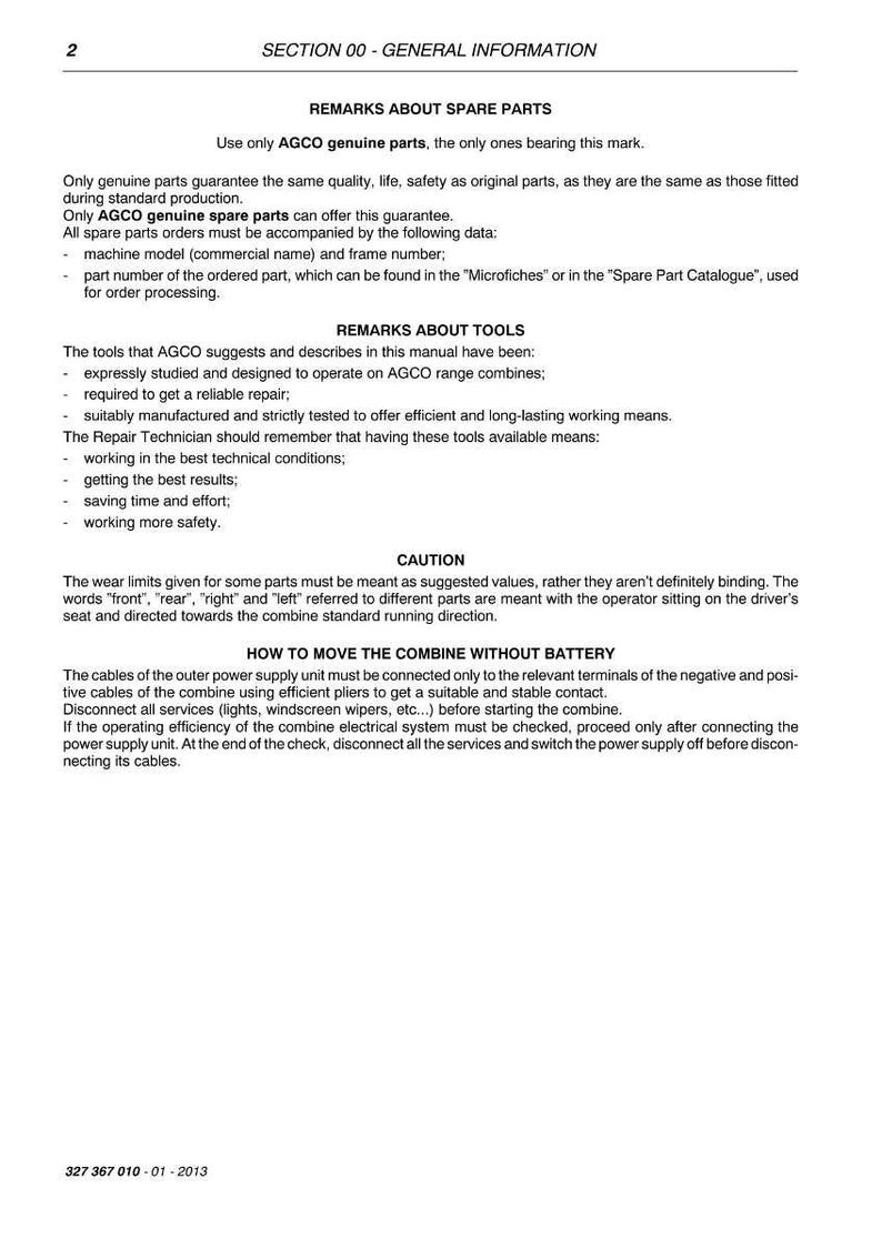 Puede incluir: P&aacute;gina de un manual t&eacute;cnico con informaci&oacute;n sobre repuestos, herramientas y precauciones de seguridad para una cosechadora. Incluye instrucciones y advertencias para el mantenimiento.