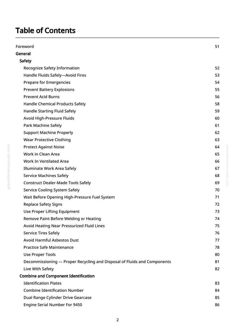 May include: A white page titled "Table of Contents" from a manual. The text lists safety topics such as "Handle Fluids Safely" and "Prevent Battery Explosions." Page numbers are listed on the right side.