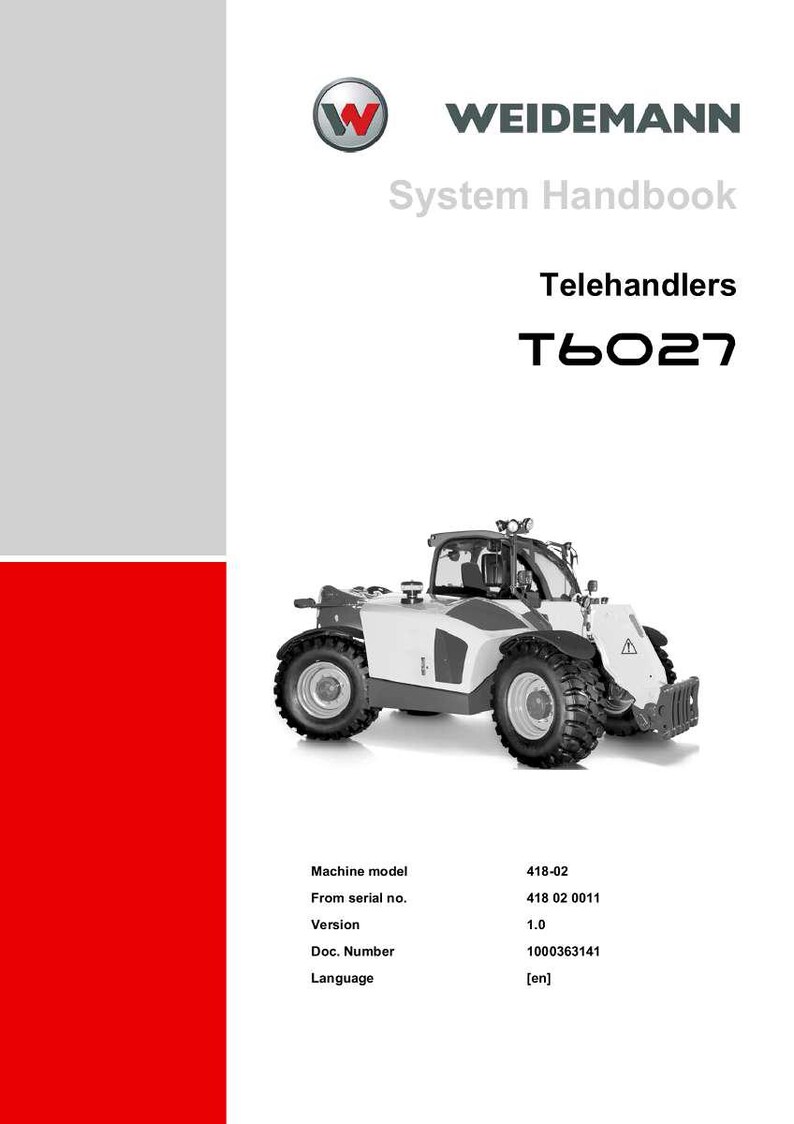 May include: A Weidemann System Handbook cover featuring a white and gray telehandler, model T6027. The cover includes the Weidemann logo and the text "Telehandlers." Additional details include the machine model, serial number, version, and document number.
