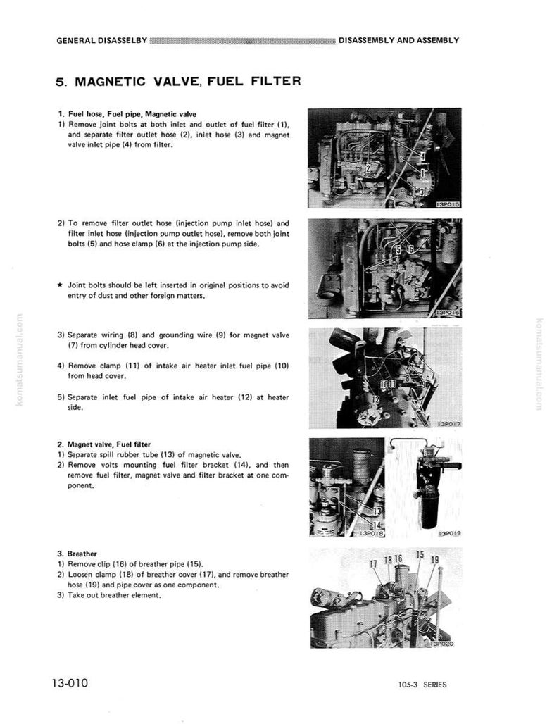 May include: A manual page showing the disassembly and assembly of a magnetic valve fuel filter. The text provides numbered instructions with diagrams of engine parts.