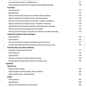 May include: A page from a manual with a table of contents. The text includes titles such as "Remove and Install Right-Hand Auger Bearing" and "Cutterbar/Conditioner Gear Case Repair". The page number is visible at the right side of the page.
