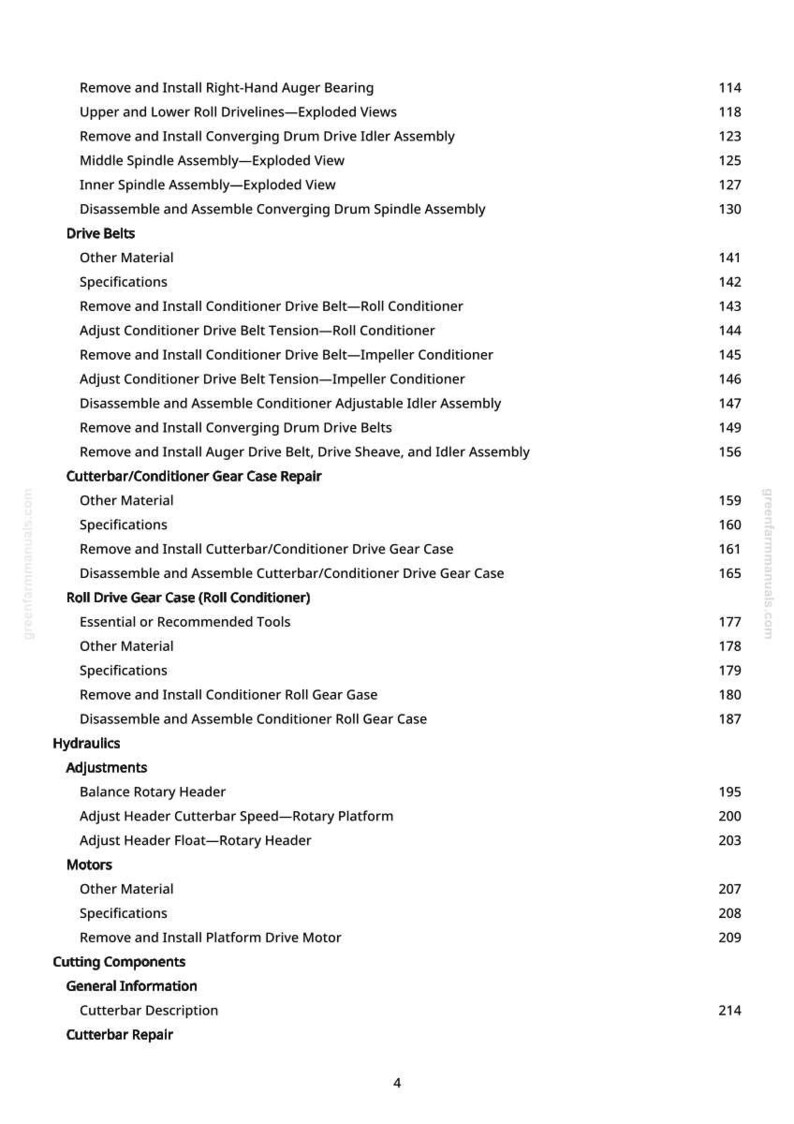 May include: A page from a manual with a table of contents. The text includes titles such as "Remove and Install Right-Hand Auger Bearing" and "Cutterbar/Conditioner Gear Case Repair". The page number is visible at the right side of the page.