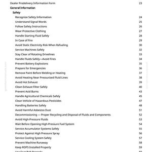 May include: A white page with a black text table of contents. The table lists safety topics such as "Recognize Safety Information", "Avoid Static Electricity Risk When Refueling", and "Prevent Battery Explosions".