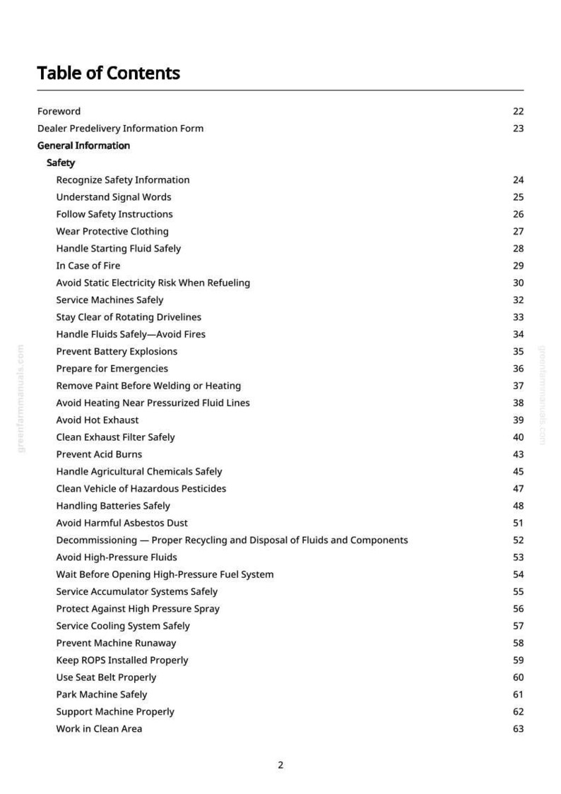 May include: A white page with a black text table of contents. The table lists safety topics such as "Recognize Safety Information", "Avoid Static Electricity Risk When Refueling", and "Prevent Battery Explosions".
