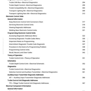 May include: A white page with a table of contents from a manual. The text includes titles such as "Diagnostic Tests and Adjustments", "Electronic Control Units", and "Electrical Component Information". Page number 7 is visible.