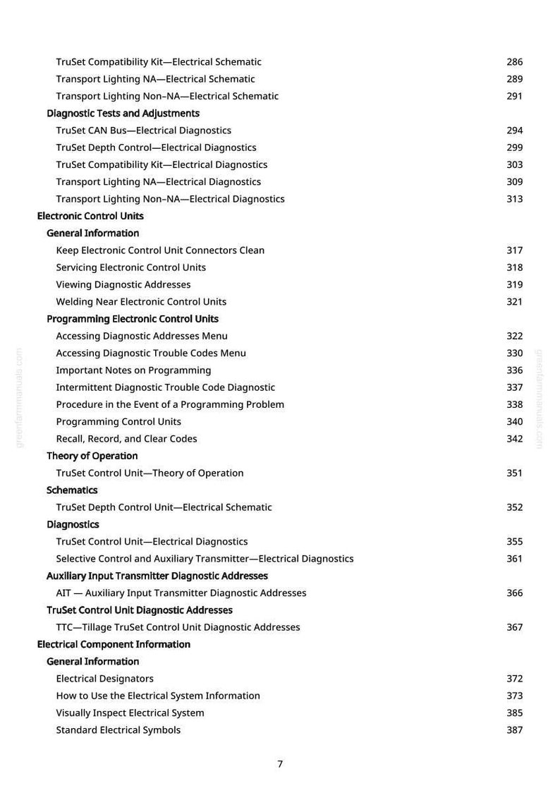 May include: A white page with a table of contents from a manual. The text includes titles such as "Diagnostic Tests and Adjustments", "Electronic Control Units", and "Electrical Component Information". Page number 7 is visible.